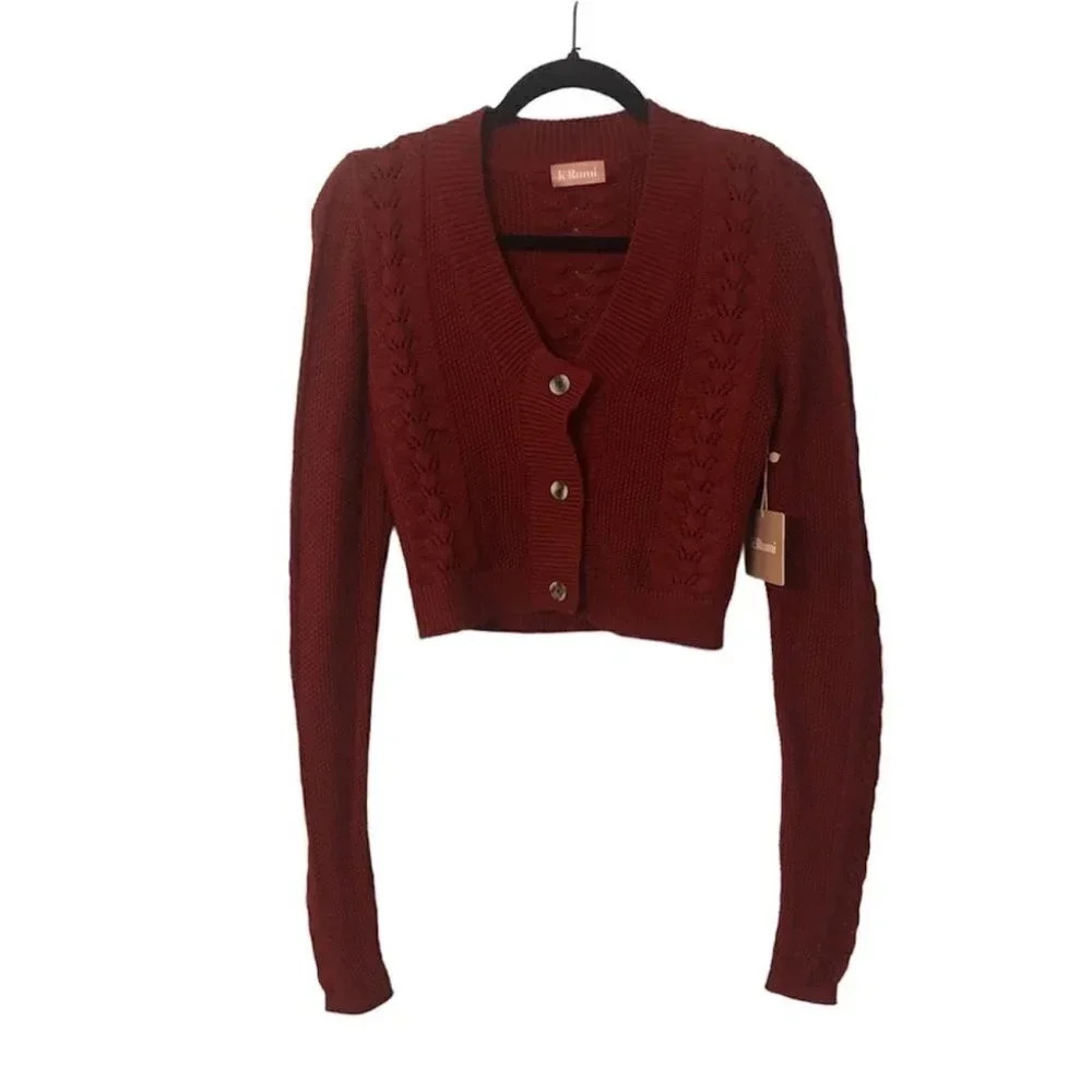 LeRumi Sady Cable Knit Crop Top Black Cherry Button Front Cardigan Size S